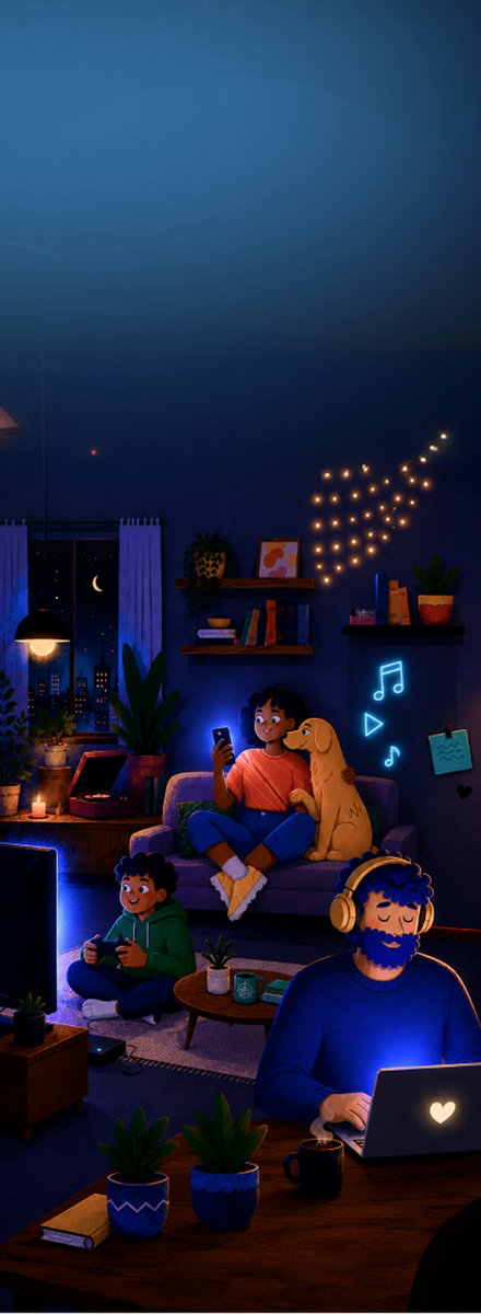 Família curtindo a noite em casa com internet Weclix